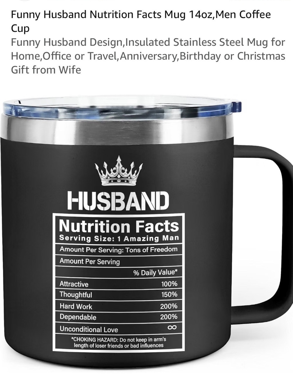 TIXPEN NIB Black 'HUSBAND' Funny Nutrition Facts Travel Mug